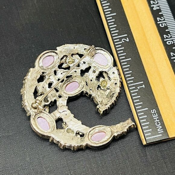 Retro Vintage Brooch Leaf Swirl Burgundy Red Rhinestone Cabochon Foliage 4337 - Picture 6 of 7